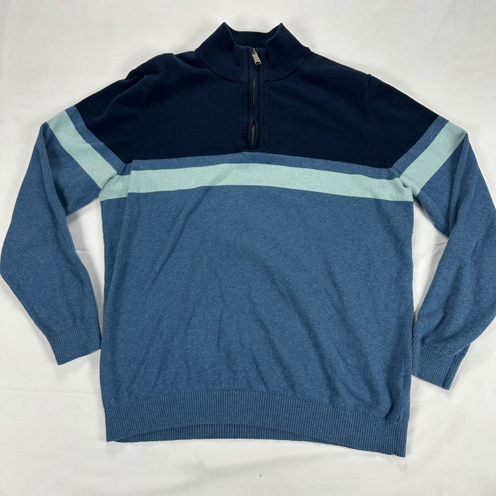 Fat Face 1/4‎ Zip Striped Knit Sweater Blue Cotton Wool Mens XL Tall Pullover